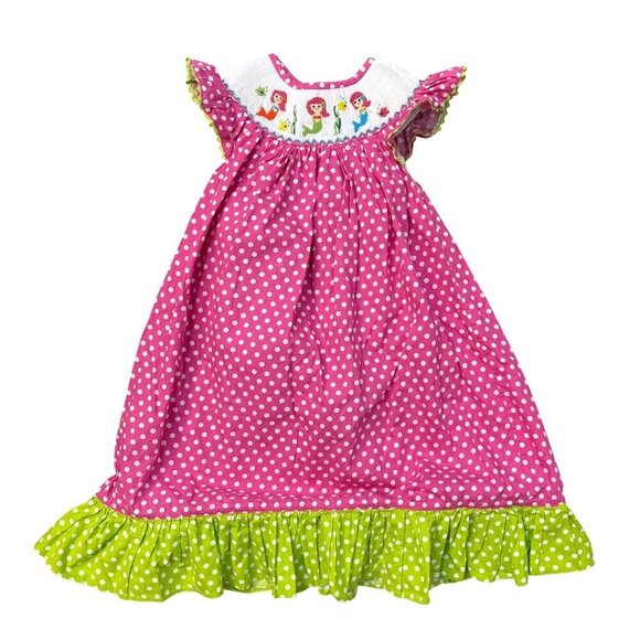 Babeeni Girls Smocked Mermaid Frilly Polka Dot Cotton Dress Size 3 - Picture 1 of 11